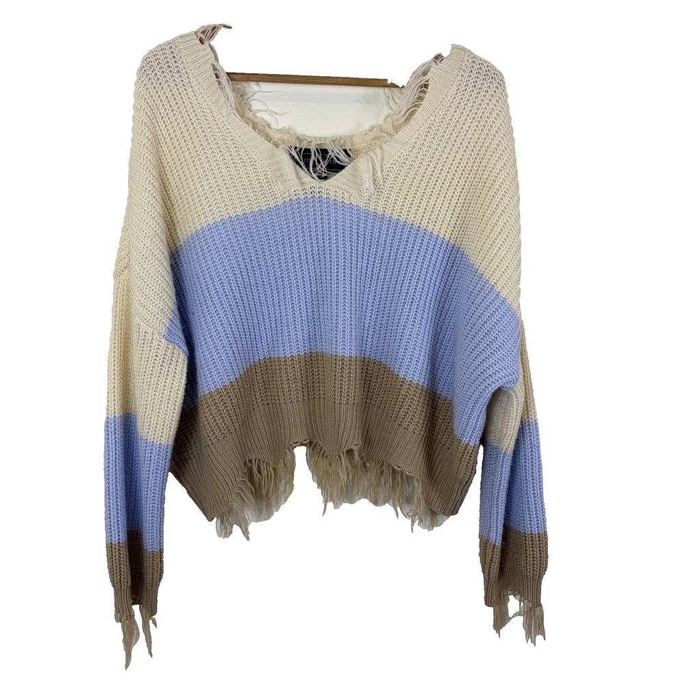 American Eagle Woman's Crop Sweater Size XL Cream Color Block Boho Hippie Fringe